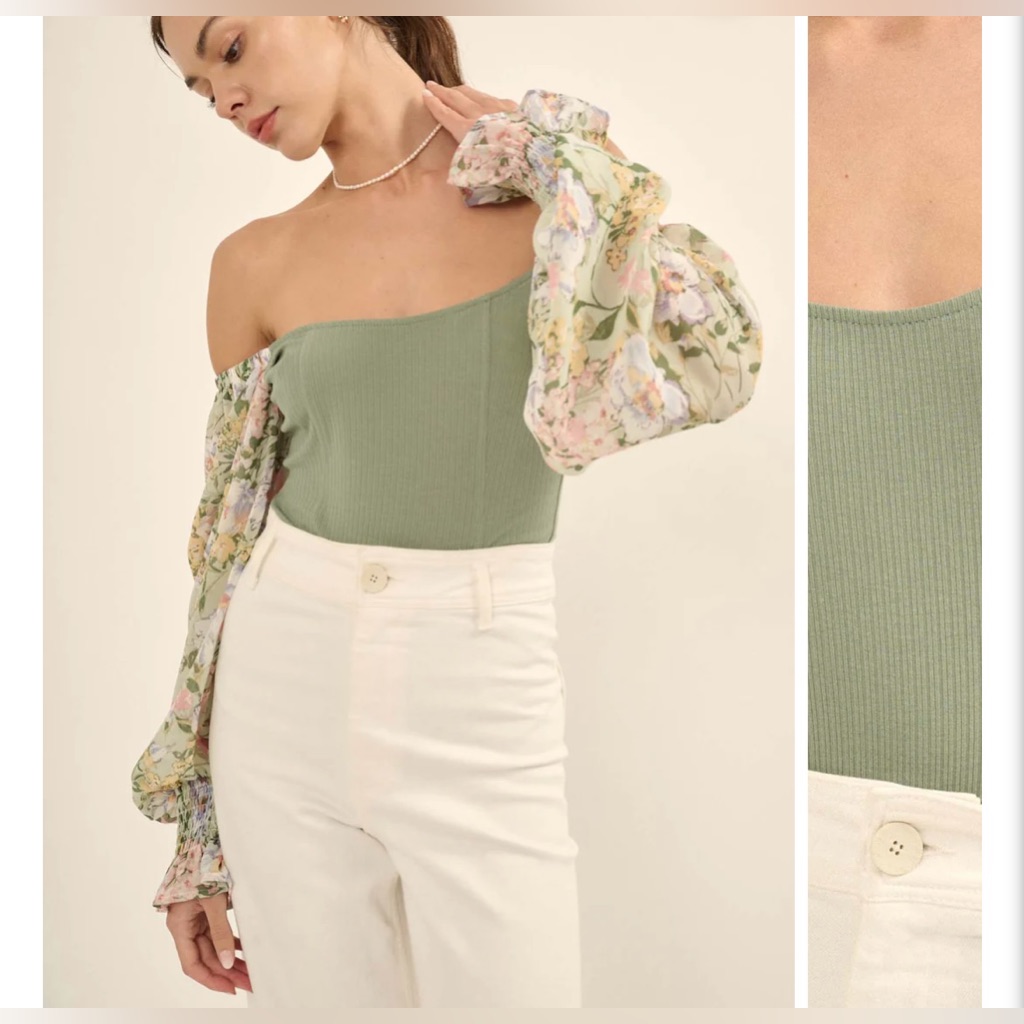 Heyson Boho Baloon Sleeve Floral Bodysuit
